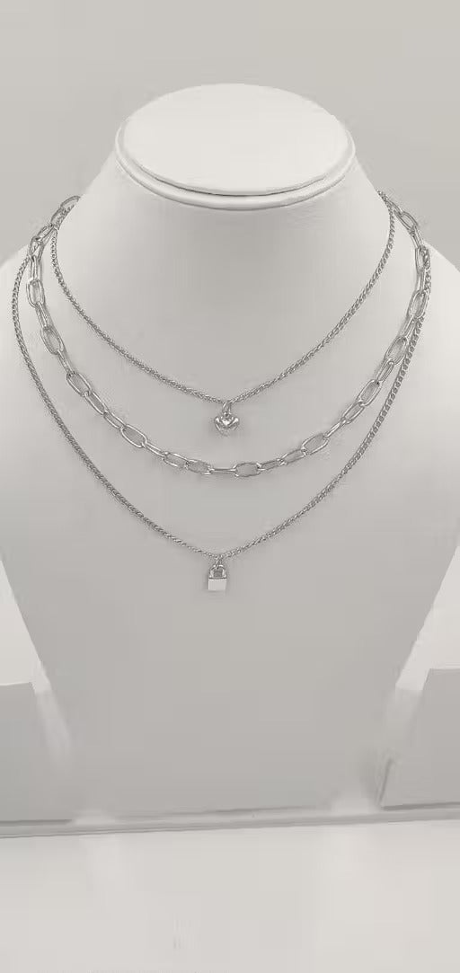 heart & lock minimal triple layer necklace for womens