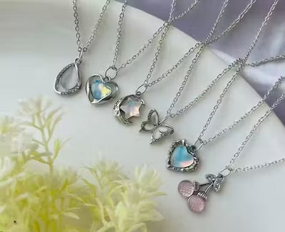 Pack Of 6 Classy Trendy Aesthetic Silver AD Charm Pendant Necklace Set For Women